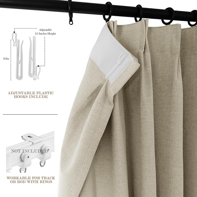 100% Blackout Linen Textured Drapes for Bedroom Pinch Pleated Curtains for Track System Portable Drapery for Sliding Glass Door/Storage/Space Room Divider, 70" Wx84 L, 1 PC, Beige-CasaMuseHome