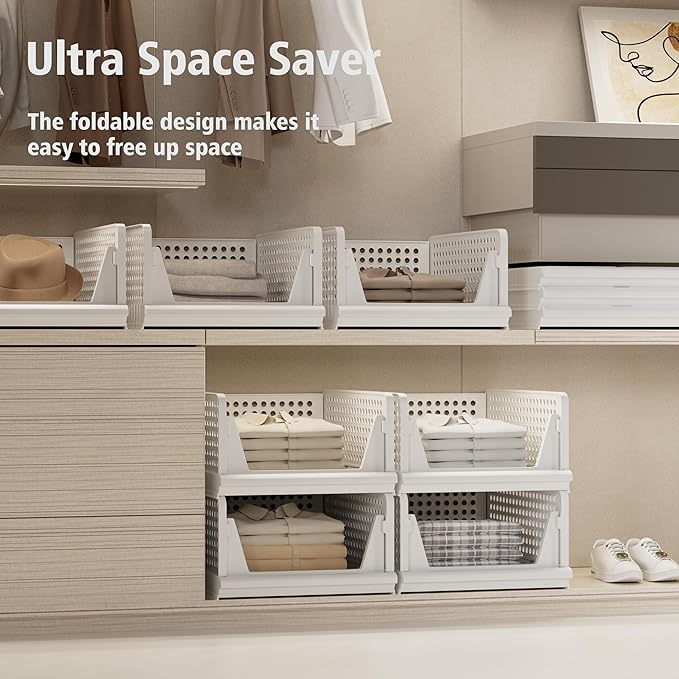 4 Pack Stackable Plastic Storage Basket Closet Organizer Bin Foldable Clothes Organizer Storage Drawer Shelf Container for Living Room Bathroom Kitchen Office (2L+2S)-CasaMuseHome