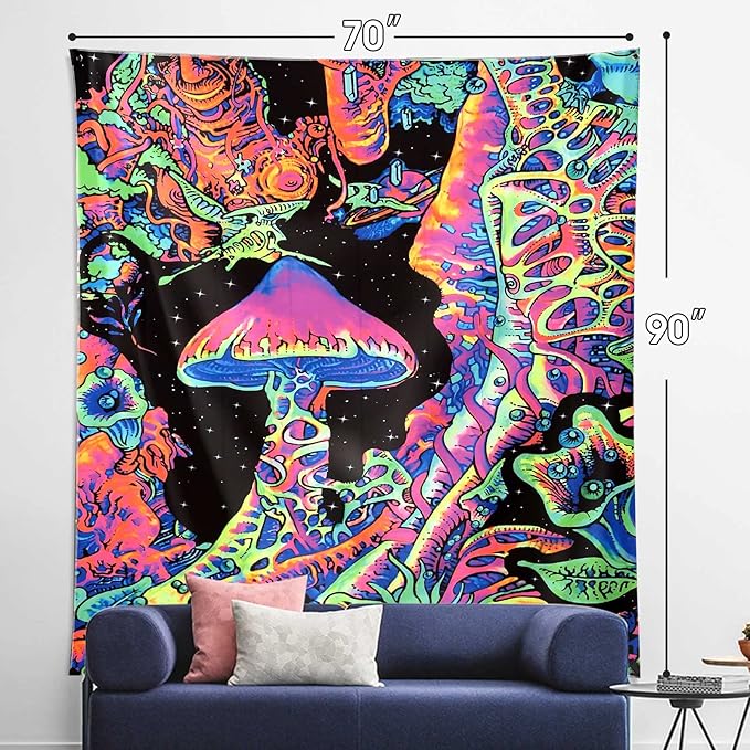 ADDWel Blacklight Mushroom Tapestry, Upright Tapestry Glow In The Dark, UV Reactive Black Light Tapestries Posters Wall Hanging for Backdrop Bedroom Dorm Living Room Decor(70"x90")-CasaMuseHome