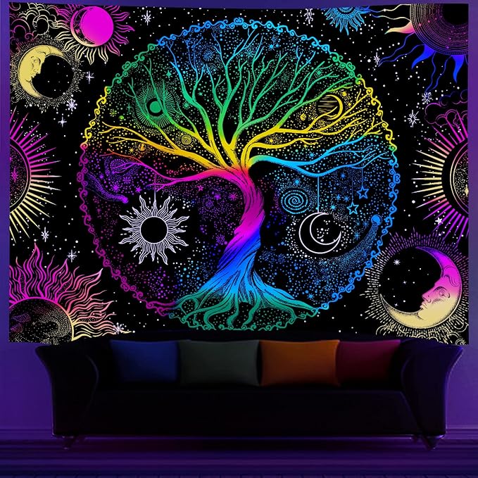 AACKart Blacklight Tapestry for Bedroom - Spiritual Tree of Life Wall Tapestry Glow in the Dark Wall Hanging 90.5 x 70.8 inches-CasaMuseHome