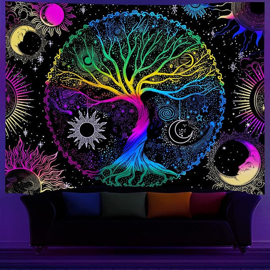 AACKart Blacklight Tapestry for Bedroom - Spiritual Tree of Life Wall Tapestry Glow in the Dark Wall Hanging 90.5 x 70.8 inches-CasaMuseHome