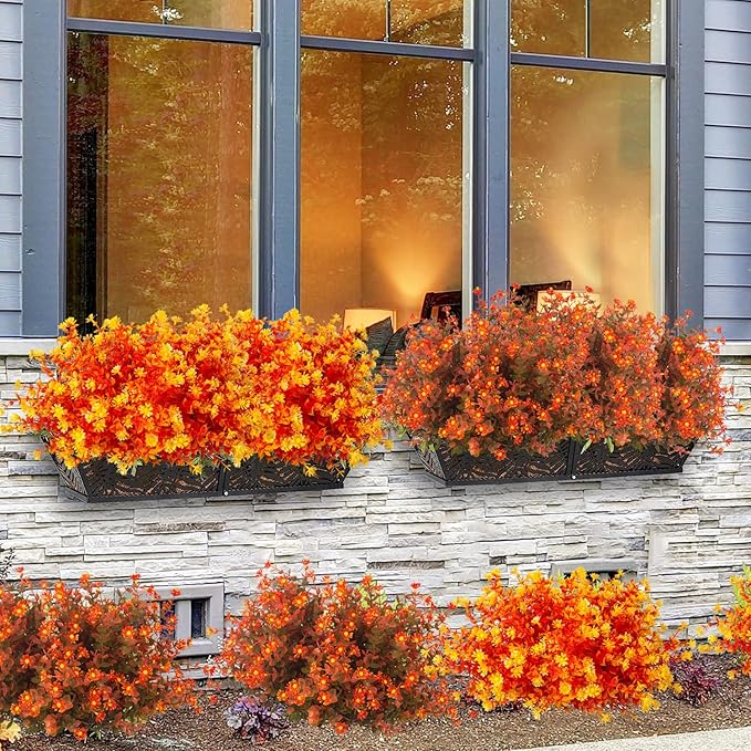 12 Bundles Artificial Fall Flowers No Fade Faux Autumn Plants, Fake Indoor Outdoor Greenery Decorations for Thanksgiving Christmas Wedding Party Home Garden Fireplace Décor (Fall Orange)-CasaMuseHome