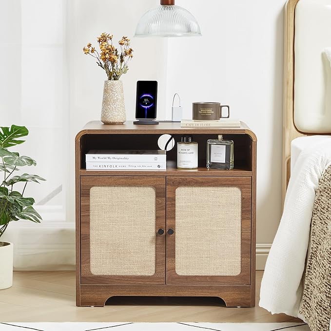 24" Large Side Table with Charging Station, Mid Century Modern End Table with USB/Type-C Ports, Curved Wood Nightstand with Storage & Natural Linen, Couch Side Table for Living Room Bedroom, Walnut-CasaMuseHome