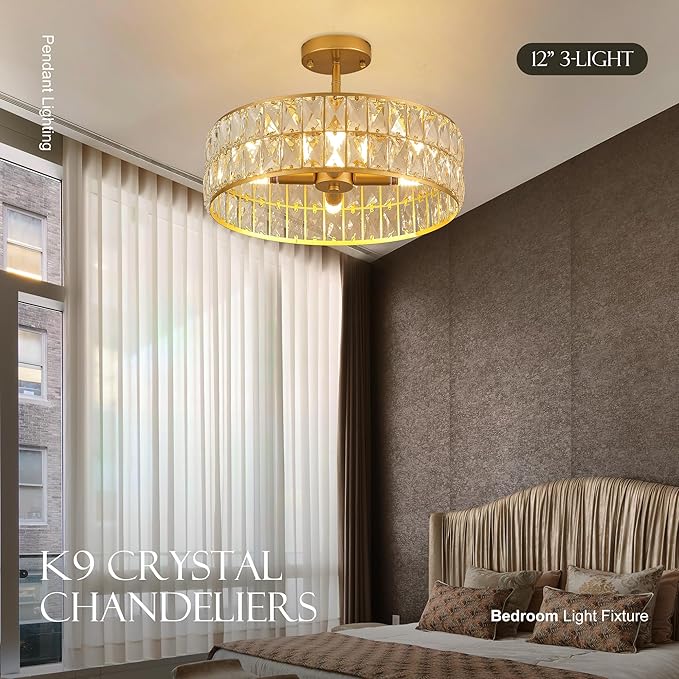 16” 4-Light Modern Crystal Chandeliers Gold Dinning Room Light Fixture, Round Pendant Light Kitchen Island Chandelier, Flush Mount Ceiling Light for Living Room Entryway Bedroom Foyer-CasaMuseHome