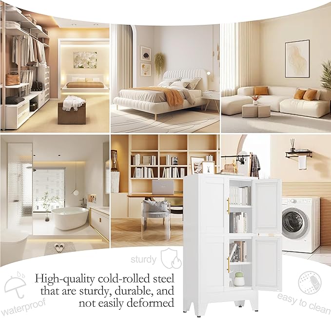 47.25" Metal Pantry Cabinet, Storage Cabinets with 4 Door and 2 Adjustable Shelves, White Bathroom Cabinet, Freestanding Cupboard for Kitchen Dining Living Room Bathroom-CasaMuseHome