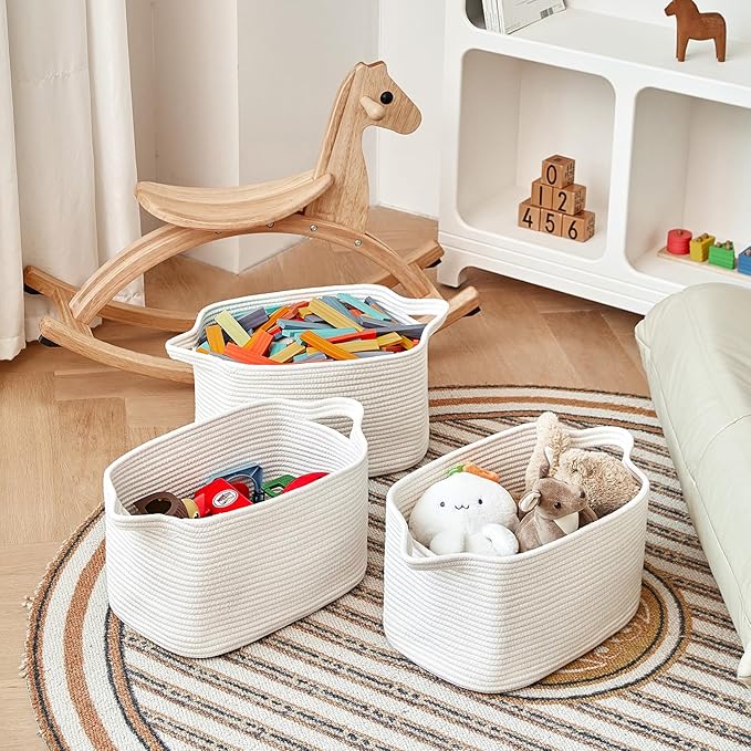 3 Packs Cotton Rope Woven Basket With Handles for Shelves -15"*10.2"*9.1"(White)-CasaMuseHome