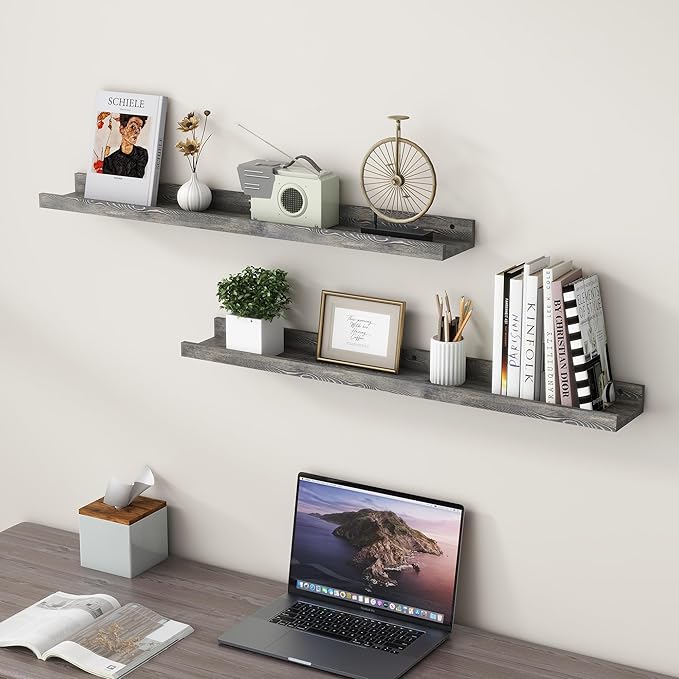 36 Inches Floating Shelves for Wall, Solid Pine Wood Picture Ledge Shelves, Wall Shelves with Lips, Nursery Book Shelves for Toys Storage Living Room Bedroom Photo Frames (2 Pcs, Grey)-CasaMuseHome