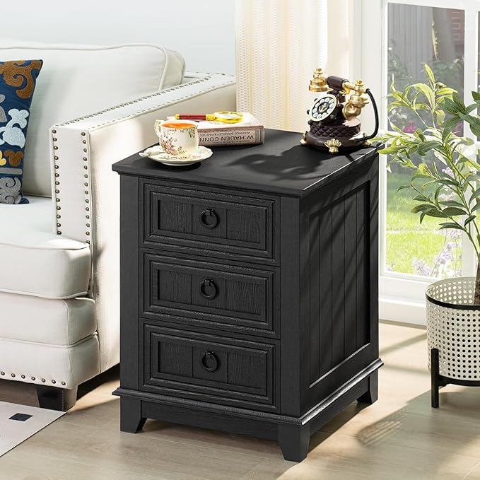 18" Farmhouse Night Stand with 3 Drawers, Wood End Table Dresser for Bedroom, Black Nightstand, Bed Side Table with Metal Handle, Bedside Cabinet for Bedroom Living Room, Closet-CasaMuseHome