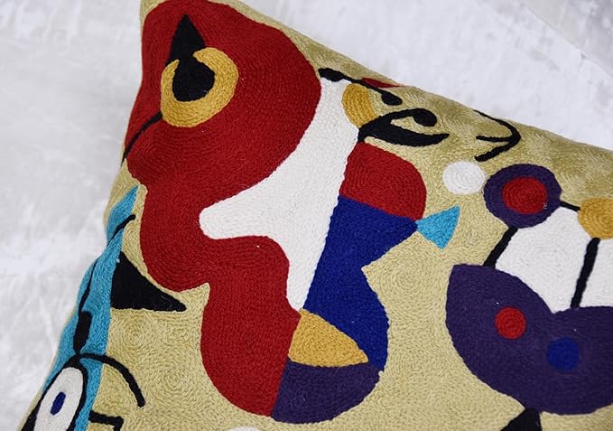 Abstract Decorative Pillow Cover Hand Embroidered Whimsical Toss Pillows Farmhouse Chair Cushion Contemporary Pillowsham Mid-Century Chair Cushions Wool Size 18x18-CasaMuseHome
