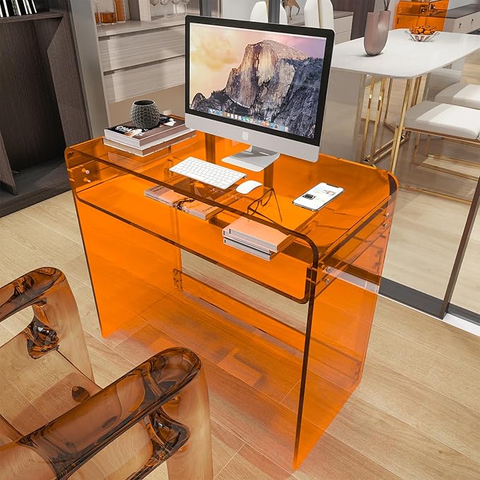 Acrylic Desk, Orange Table, Acrylic Console Table for Office, Study, Bedroom, Entrance Decor (15.5" D x 33.5" W x 29.3" H, Orange)-CasaMuseHome