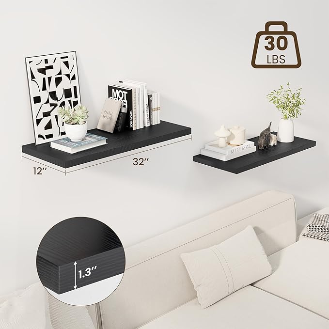 32" Floating Shelves for Wall, 12" Deep Slim Black Floating Shelves, Wall-Mounted Shelves for Bedroom, Living Room, Kitchen, Bathroom - Set of 2-CasaMuseHome