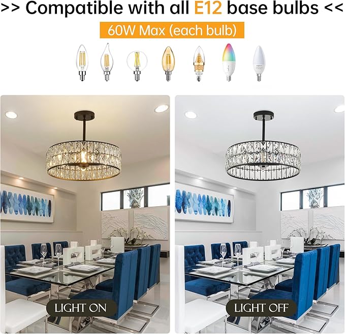 16” 4-Light Modern Crystal Chandeliers Black Dinning Room Light Fixture with Two Rods, Round Pendant Light Kitchen Island Chandelier, Flush Mount Ceiling Light for Living Room Entryway-CasaMuseHome