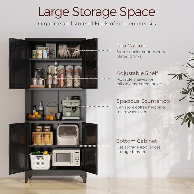 75" Tall Kitchen Pantry Storage Cabinet, Metal Storage Cabinets with 4 Doors and Adjustable Shelves, Black Kitchen Hutch Cabinet with Microwave Stand, Large Cupboard for Dining Living Room-CasaMuseHome