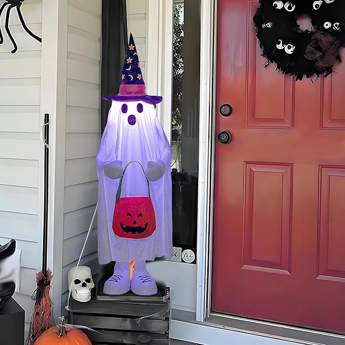 37" Cute Front Porch Light Up Halloween Ghost Décor, Kids Standing Trick or Treat Indoor and Outdoor Decorations-Star Moon-CasaMuseHome