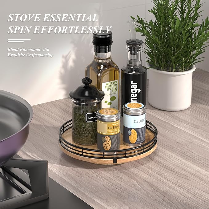 9" Oak Wood Lazy Susan Turntable Organizer for Cabinet, Round Wooden Farmhouse Lazy Susan Organization and Storage for Dining Table, Pantry, Kitchen, Countertop, Cupboard,Home Decor-CasaMuseHome