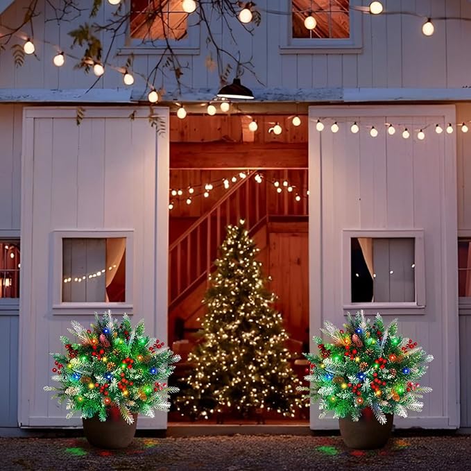 2 Pack Lighted Artificial Christmas Urn Filler, Battery Operated Pre-lit Xmas Pine Trees, Tripod Stake and 60 LED Lights, Holiday Porch Decorations for Porch, Yard, Garden, Flower Beds（Multicolor）-CasaMuseHome
