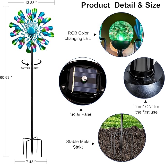 60'' Wind Spinner with Color Glass Ball Solar Lights, Green Peacock Feathers Metal Garden Outdoor Decor Yard Lawn Art Decor for Patio Kinetic Windmills Unique Gifts for Friends and Family-CasaMuseHome