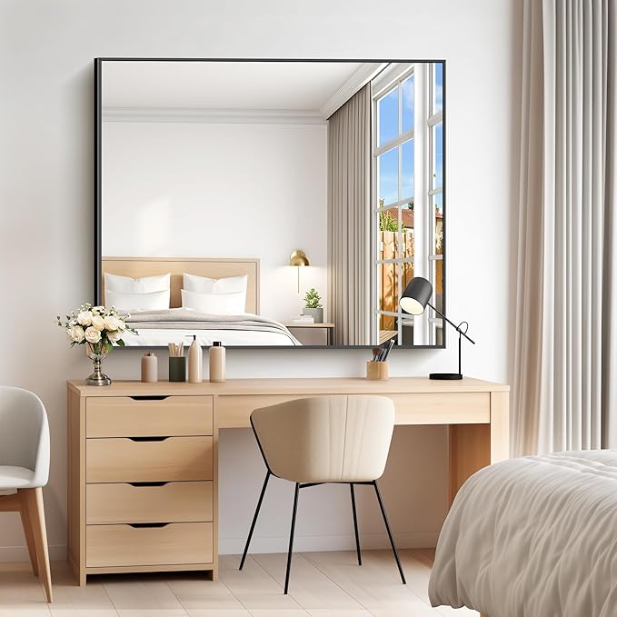 40x48inch Black Bathroom Mirror, Black Rectangle Mirror with Frame, Large Rectangular Wall Mirrors for Bathroom, Living Room, Hair Salon, Big Farmhouse Mirror Hang Horizontal/Vertical-CasaMuseHome