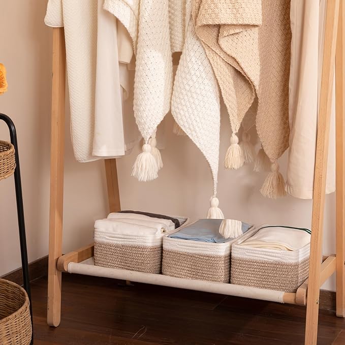 3 Pack Small Storage Baskets for Organizing, Cute Woven Decorative Gift Baskets for Shelves, Mini Closet Organizer Bins with Handles, 11.81''Lx7.87''Wx4.72''H-Brown and White-CasaMuseHome