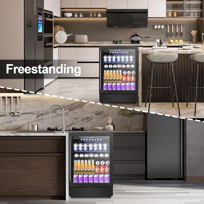 24 Inch Beverage Refrigerator, 5.2 Cu. Ft. Drink Refrigerator with Glass Door, 200 Cans Under Counter & Freestanding Drink Fridge, Reversible Door, Built-In Beverage Cooler for Kitchen, Bar or Office.-CasaMuseHome