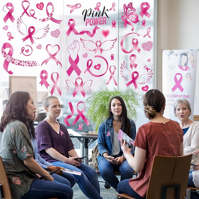 9 Sheets Breast Cancer Awareness Window Clings, 77 Kinds of Pink Window PVC Stickers for Pink Ribbon Decorations, Hope Fight Cancer Theme Windows Decals for Glass Home Decor Supplies-CasaMuseHome