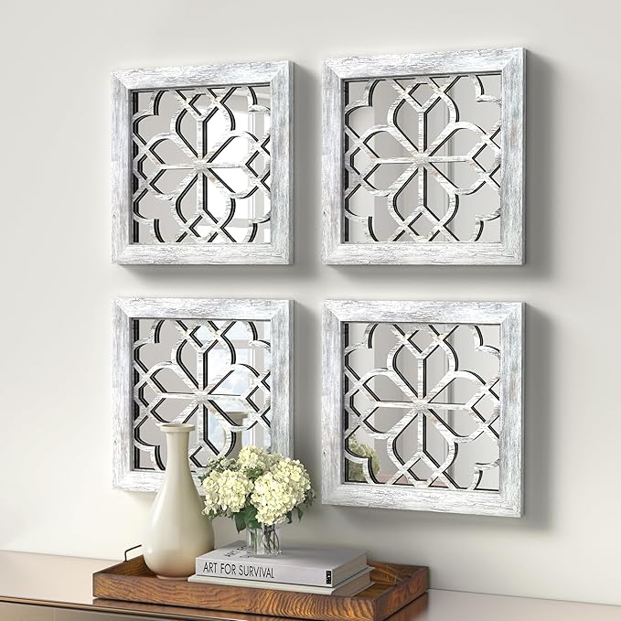 4pcs Farmhouse Wall Mirror with Carved Floral Design -Rustic Mirror Decor for Home, 12x12 inch(Grey)-CasaMuseHome