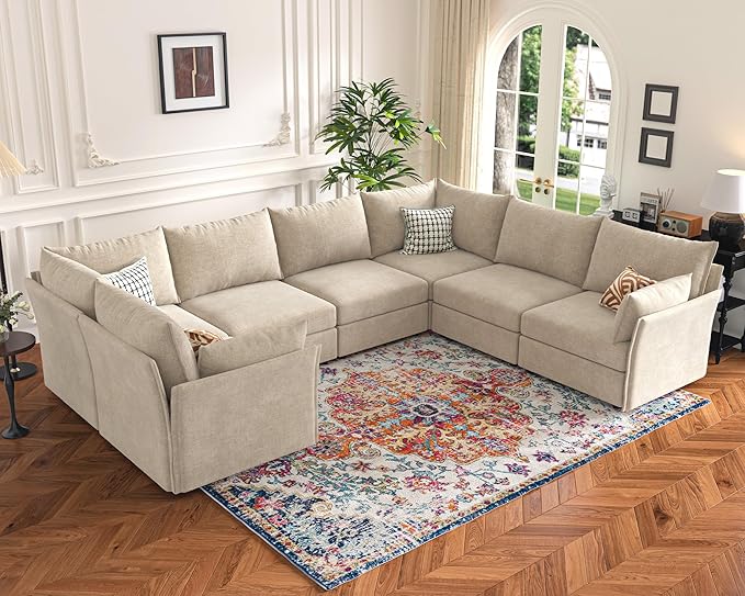 136.4" Oversized Modular Sectional Sofa, U Shaped Convertible Couch with Movable Ottoman, Large 7 Seat Corner Couches for Living Room Deep Seat Beige Chenille-CasaMuseHome