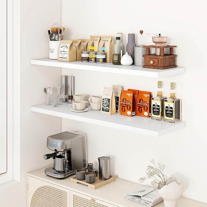 48" Floating Shelves for Wall, 12" Deep Slim White Floating Shelves, Wall-Mounted Shelves for Bedroom, Living Room, Kitchen, Bathroom - Set of 2-CasaMuseHome