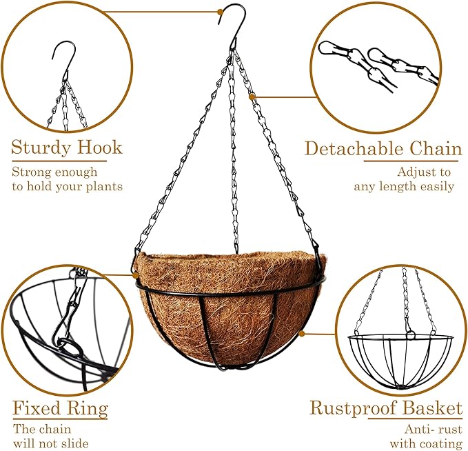 4 Pack 10 inch Metal Hanging Planters Basket with Coco Coir Liner Outdoor-Hanging Baskets for Plants Outdoor,Metal Wire Baskets with Window Box Planters, Hanging Flower Pots for Railings-CasaMuseHome