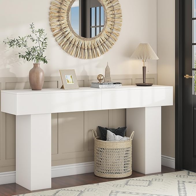 63 Inch Long Console Table for Entryway, Farmhouse Wood Rectangular Sofa Table Behind Couch Table, Narrow Entryway Table for Living Room, Entrance, Hallway, Foyer, Easy Assembly (Classic White)-CasaMuseHome