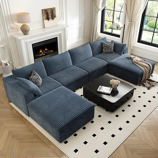 157.5" Cloud Couch Oversized Modular Sectional Sofa for Living Room,Modern Sofa with Deep Seat，U-Shape Boneless Couch with 2 Ottoman,Comfy Upholstered Couches for Apartment, Studio, Office,Blue-CasaMuseHome