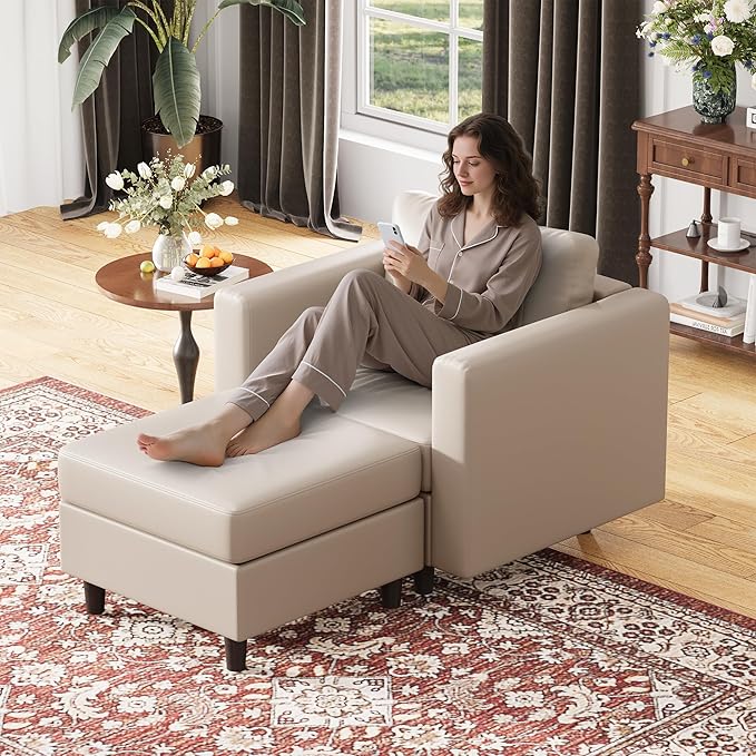 ABCASA Faux Leather Single Sofa, Modern Accent Chair Whitesand with Storage Deep Seat Large Reading Armchair for Living Room Bedroom Office-CasaMuseHome