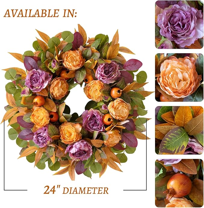 24 Inch Fall Wreath for Front Door - Autumn Wreath with Peony, Maple Leaves, Berries - Farmhouse Thanksgiving Halloween Decor for Porch, Front Door, Indoors & Outdoors - Rustic Harvest Home Decor-CasaMuseHome