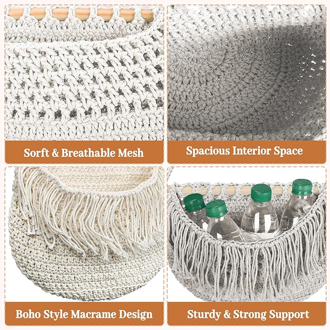 4 Tier Hanging Fruit Basket for Kitchen, 4 Pack Detachable Cotton Crocheted Wall Hanging Baskets Shelf Over Door Organizer for Fruit Veggie Plant, Hanging Storage Basket for Bathroom Bedroom(Beige)-CasaMuseHome