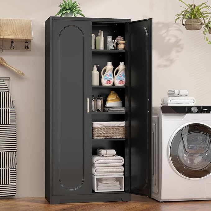 71" Tall Metal Pantry Cabinet with 4 Adjustable Shelves and Gold Handles Heavy-Duty Steel Storage for Kitchen, Dining Room or Office-CasaMuseHome