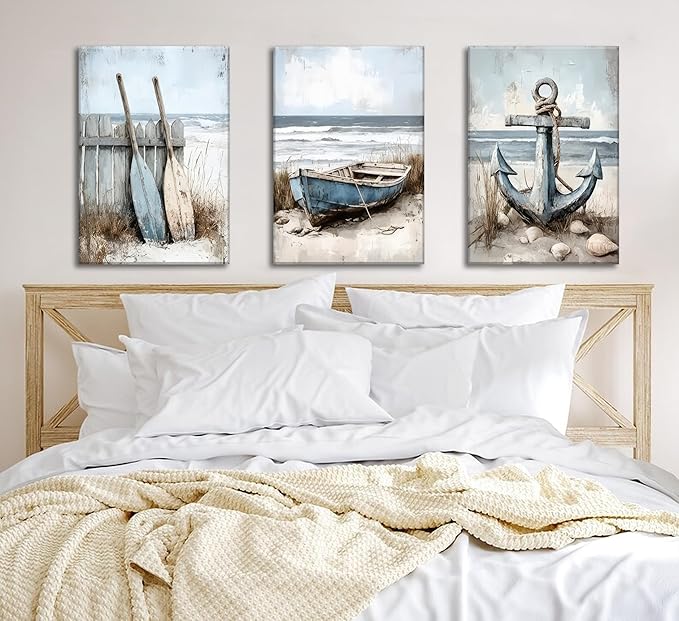 3Pcs Coastal Beach Canvas Wall Art Sailboat Paddle And Anchor Paintings Pictures Wall Decor Nautical Posters Prints Artwork Suitable for Living Room Bedroom Home Office Corridor Home Decroation-CasaMuseHome