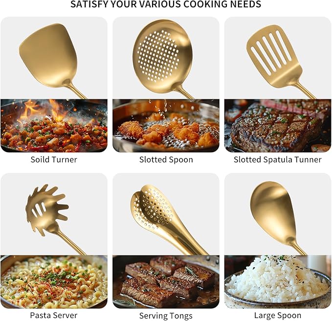 304 Stainlss Steel Matte Kitchen Utensils Set, 11 Pcs Long Metal Cooking Utensil Gadgets Tools Set with Spatula, Spoon, Ladle, Skimmer, Tunner, Pasta Server, Tongs(Gold, Dishwasher Safe)-CasaMuseHome