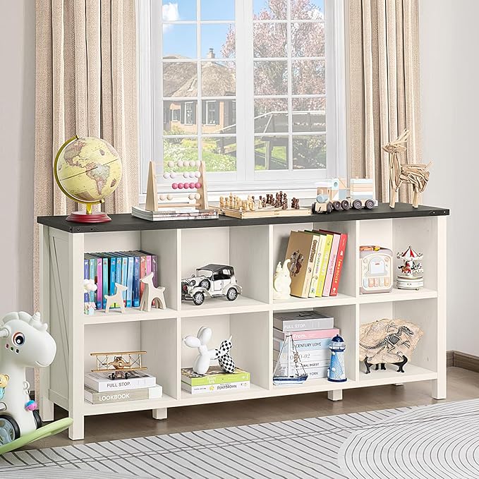 8 Cube Book Shelf, Farmhouse Wood Long Storage Organizer Bookcase, 62" Horizontal Antique White & Black Console Bookshelf, Kids Toy Storage Cabinet, Modern Open Book Case for Playroom, Office-CasaMuseHome