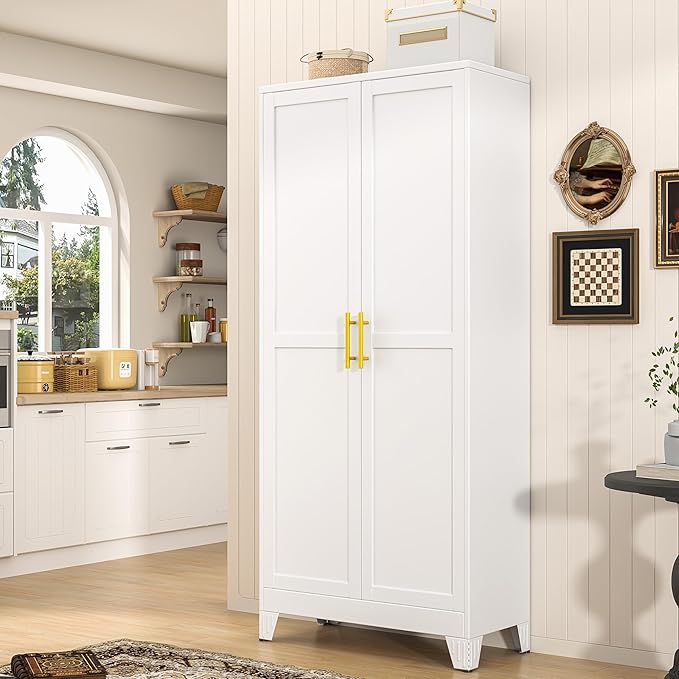 71" Tall Metal Pantry Storage Cabinet with Doors and 4 Adjustable Shelves, White Kitchen Food Pantry Cabinets, Tall Freestanding Cupboard for Kitchen, Dining Room or Living Room-CasaMuseHome