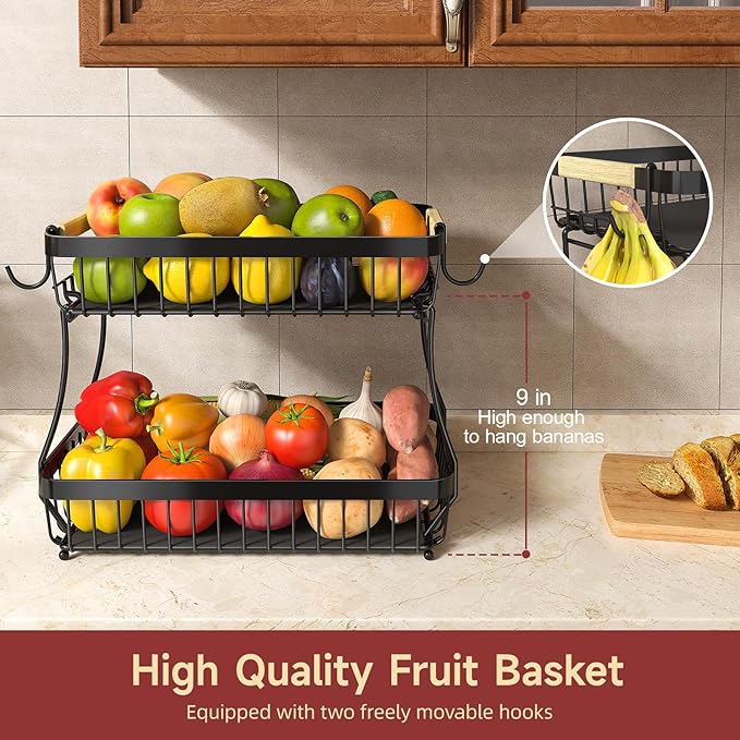 3 Tier Fruit Basket for Kitchen Counter with 2 Mobile Banana Hangers, 2025 Pro Detachable Metal Fruit Bowl with Wooden Handle, Fruit Holder for Bread Snack Veggies with Protective Mats-CasaMuseHome