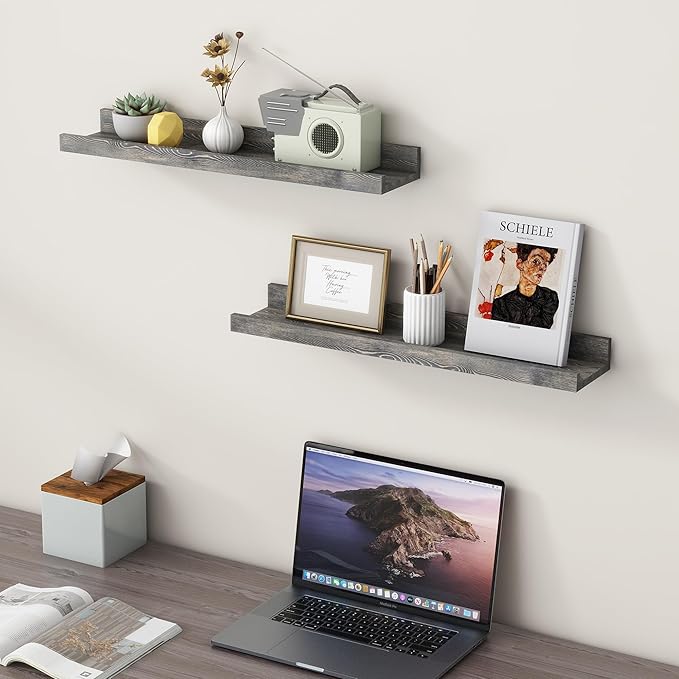 24 Inches Floating Shelves for Wall, Solid Pine Wood Picture Ledge Shelves, Wall Shelves with Lips, Nursery Book Shelves for Toys Storage Living Room Bedroom Photo Frames (2 Pcs, Grey)-CasaMuseHome