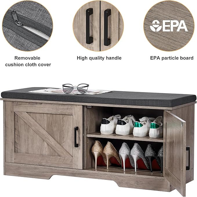 2-Tier Storage Bench, Shoe Bench with Padded Seat Cushion, Entryway Bench with 2 Barn Doors, Adjustable Shelf, 13.8" D x 39.4" W x 17.7" H, for Entryway, Living Room, Bedroom, Greige-CasaMuseHome