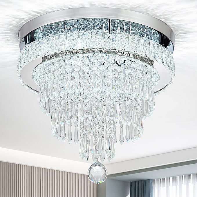16“ Crystal Chandeliers Light Flush Mount Ceiling Light Fixtures Round Modern LED Chandelier for Living Room Bedroom Dining Room Closet Hallway (Cool White)-CasaMuseHome