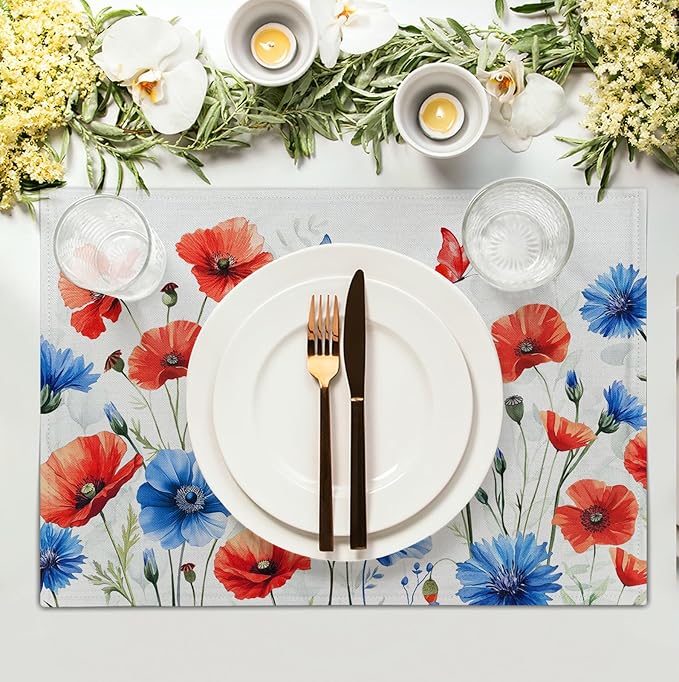 4th of July Floral Placemats Set of 4 Patriotic Summer Red Blue Flowers Linen Fabric Table Mats America Memorial Day Independence Day Place Mats for Party Kitchen Dining Decoration-CasaMuseHome