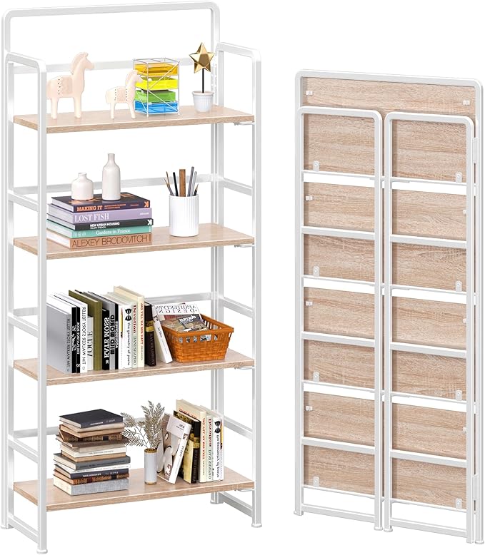 4NM No Assembly Foldable Bookshelf, 4-Shelf Collapsible Bookcase Storage for Small Spaces, 54" H, Natural White-CasaMuseHome