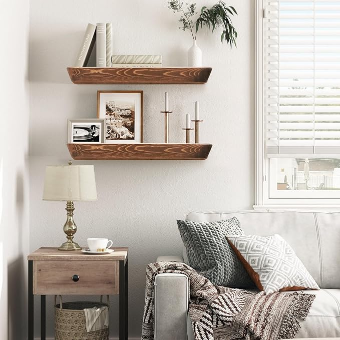 16"x6.8"x1.6" Slanted Floating Wall Shelves 2-Pack - Rustic Brown Finish, Heavy-Duty Solid Wood Design with Hidden Brackets - Perfect for Living Room, Kitchen, Bathroom, or Office-CasaMuseHome