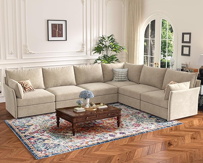 136.4" Oversized Modular Sectional Sofa, U Shaped Convertible Couch with Movable Ottoman, Large 7 Seat Corner Couches for Living Room Deep Seat Beige Chenille-CasaMuseHome