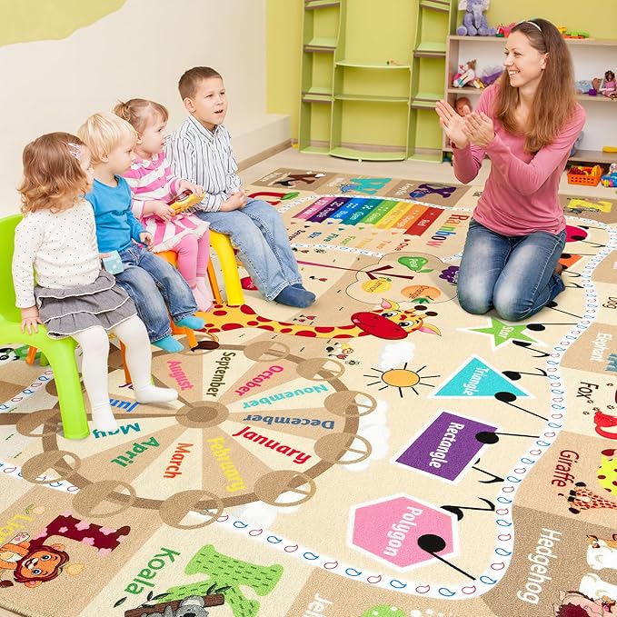 6x9 Playroom Rugs for Kids Washable, Educational and Fun Playmat with ABC Alphabet Animals Shapes Colors, Non-Slip Play Mat Learning Rugs for Baby Toddler Children Game Activity，Beige, Pink-CasaMuseHome