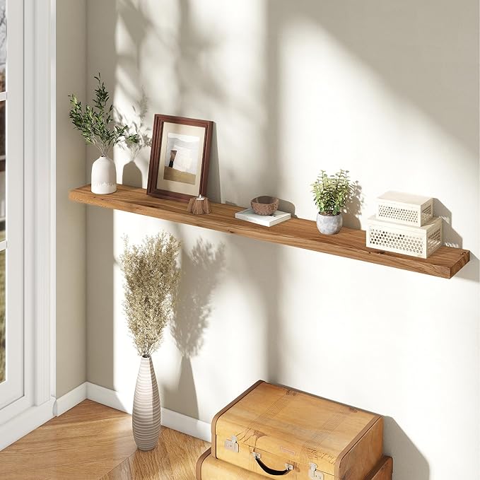 72" Floating Shelves for Wall, Rustic Elm Wood Floating Shelf for Home Decor, Wall-Mounted Display Shelves with Heavy-Duty Bracket, Long Floating Shelf for Bathroom, Kitchen, Natural Color-CasaMuseHome