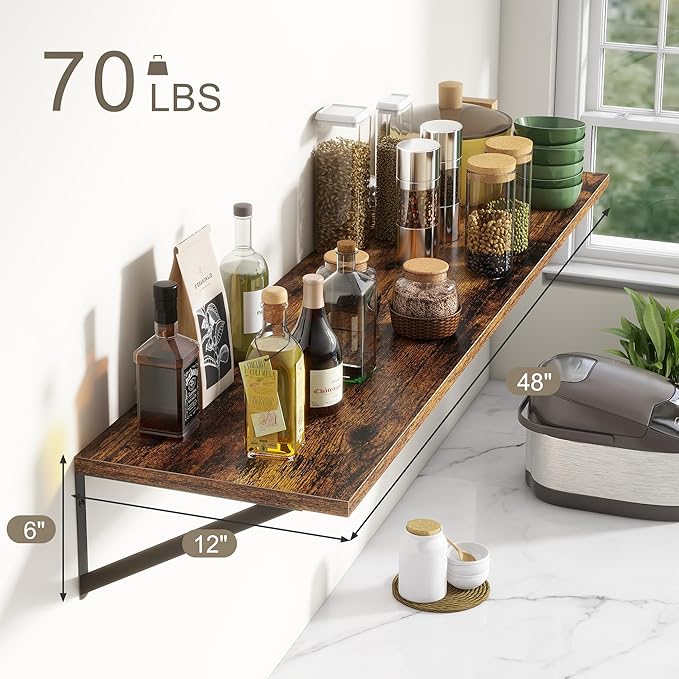 12 Inch Deep Floating Shelves,48W x 12D Floating Shelves, Deep Wall Shelves Bracket Set of 2, Large Display Floating Shelf for Bathroom, Living Room, Wide Storage Wooden Wall Shelf, Rustic Brown-CasaMuseHome